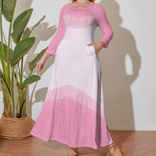 Women's Plus Size Colour Block and Spot Design Loose Crew Neck Long Sleeve Full Length Ankle Maxi Casual Fashion Dress - Pink