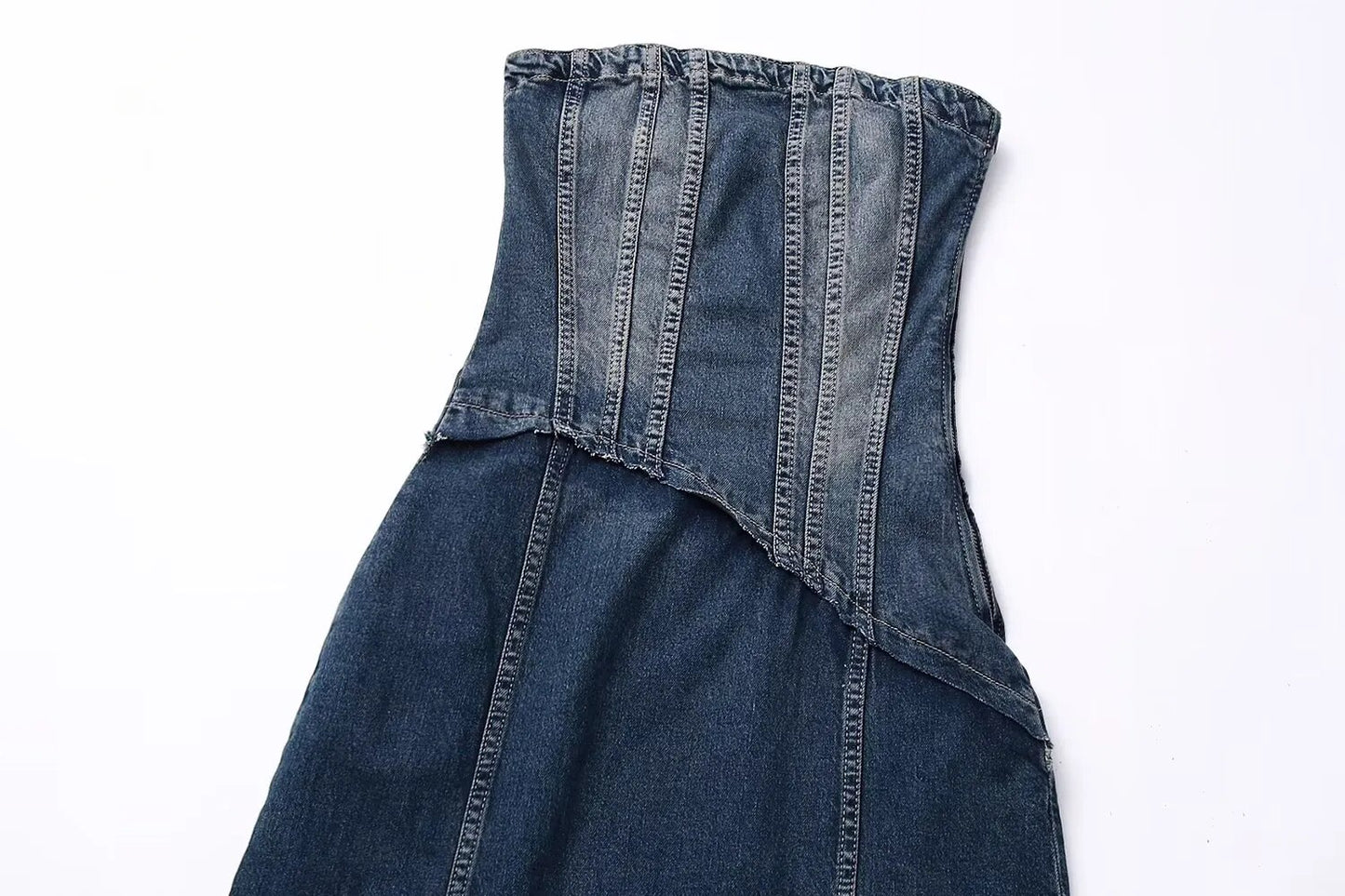 Women's Petite Strapless Denim Dress Maxi Split Thigh Fitted Asymmetrical Elastic Back Zipper Side Vintage Style