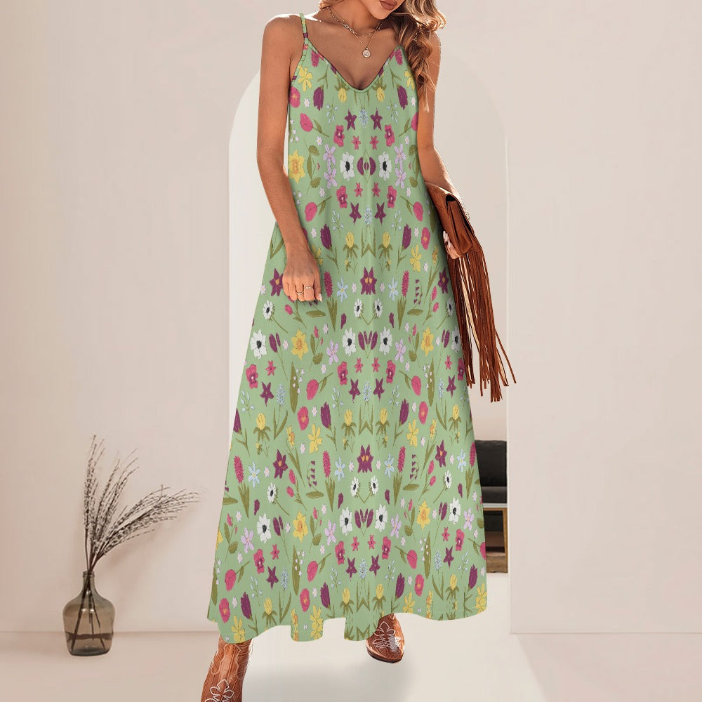 Plus Size Women's Floral Print Cami Spaghetti Strap Long Maxi Dress Green