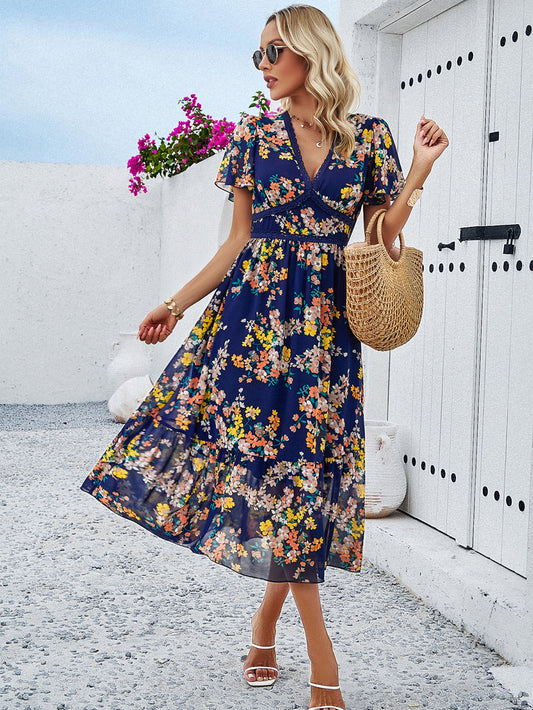 Women's Floral Print V-Neck Fitted Detailed Waist Midi Dress