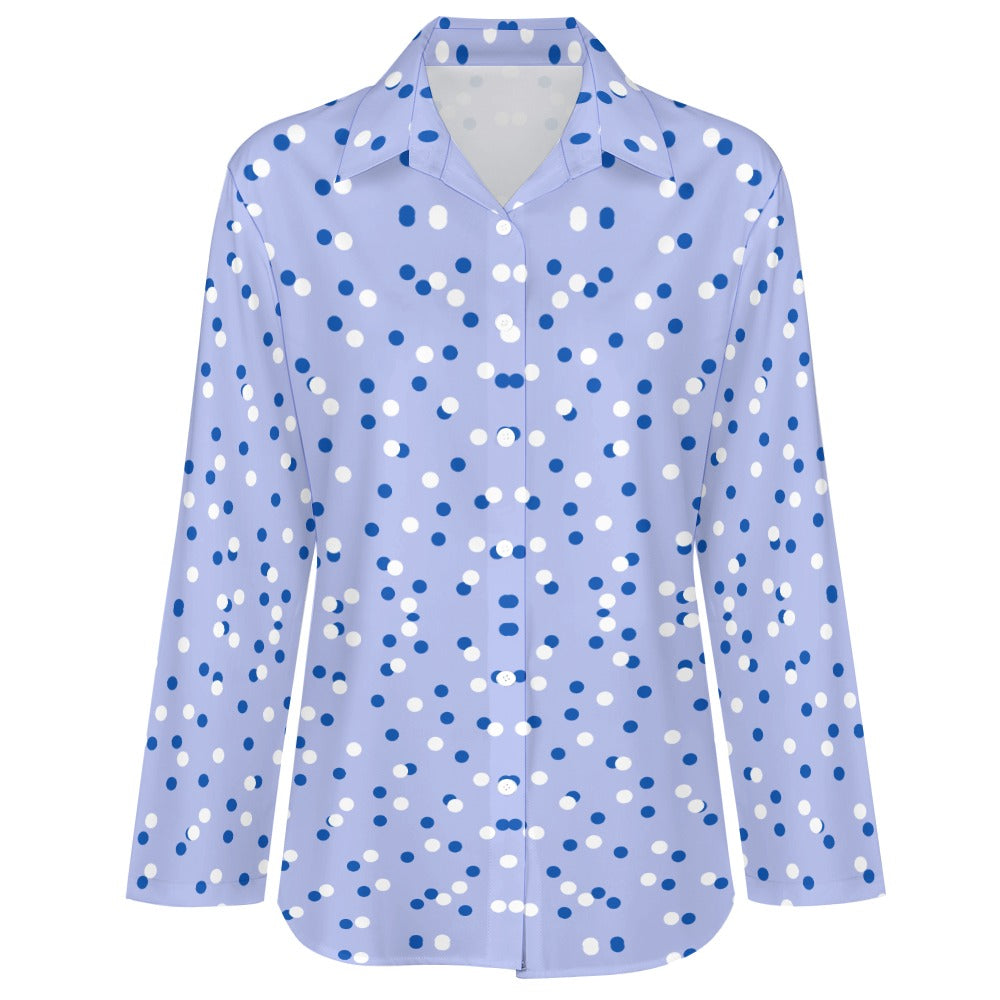 Women's Spot Dot Print Front Button Long Sleeve Collar Shirt Blouse Top Soft Comfortable Casual Fashion Blue