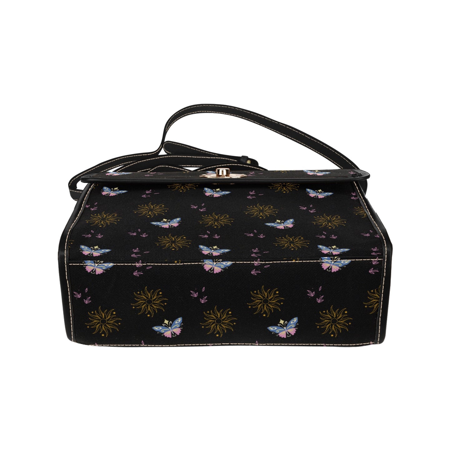 Women's Butterfly Sun Print Black Handbag With Shoulder Strap