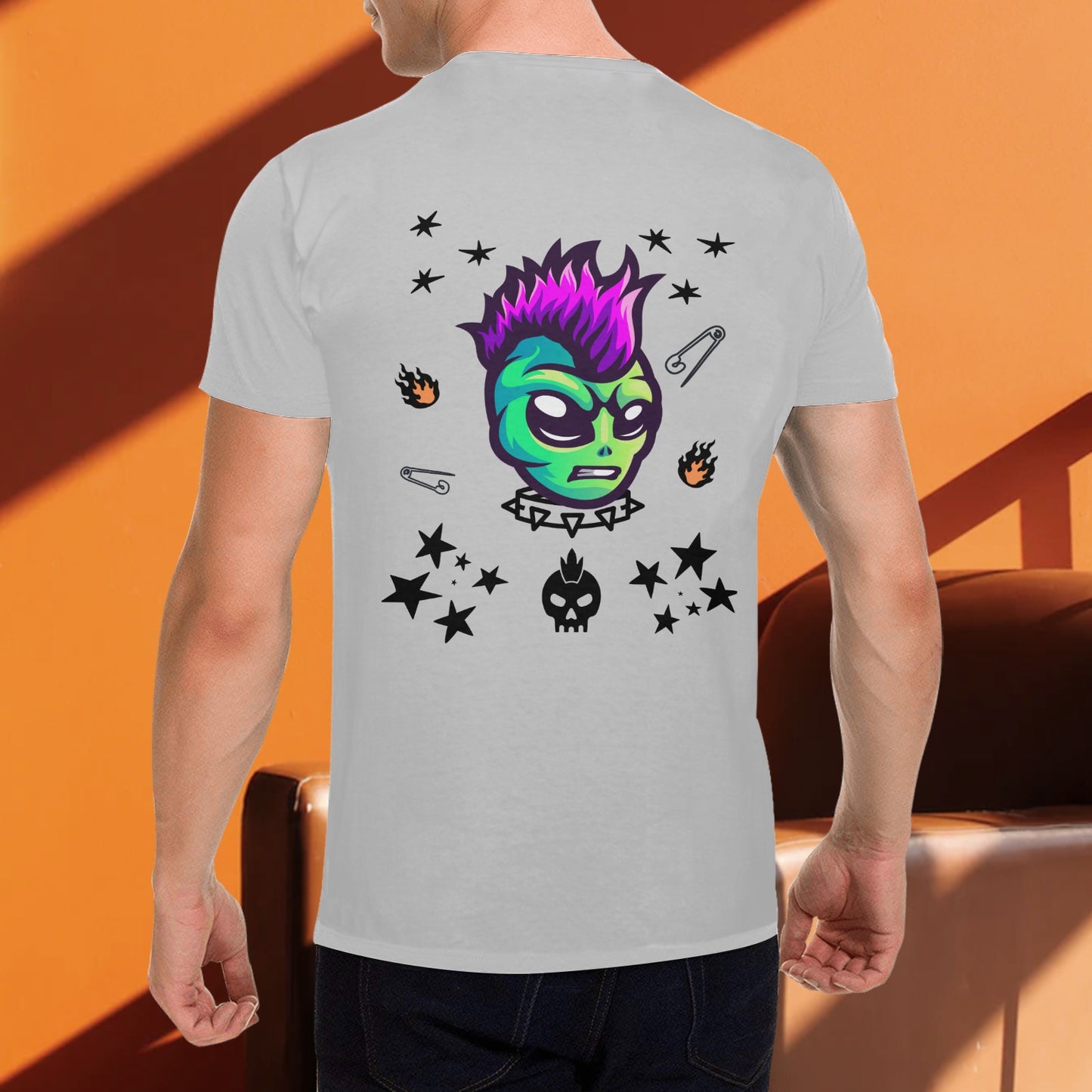 Men's Alien Punk Safety Pin Print Cotton T-shirt Front and Back Design