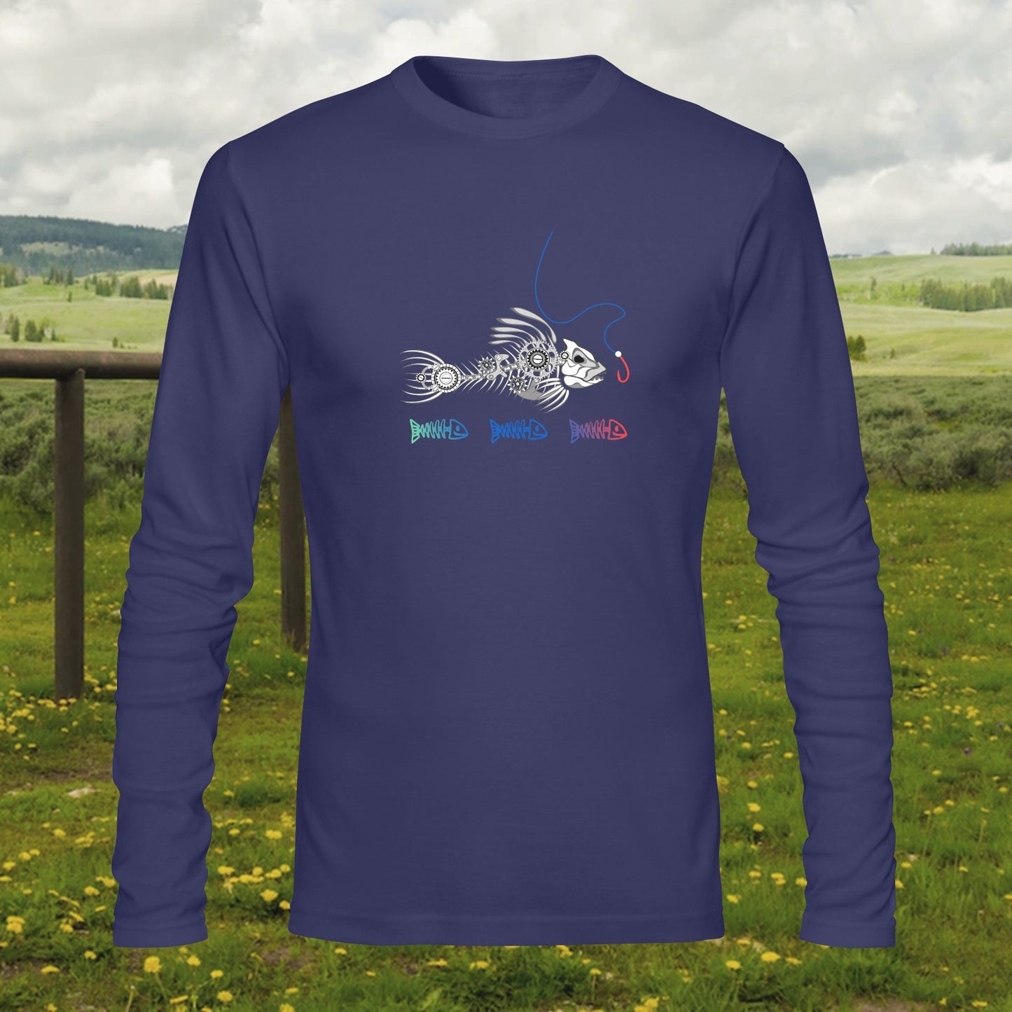 Men's Fishing Print T-shirt Cotton Round Neck Long Sleeve Top