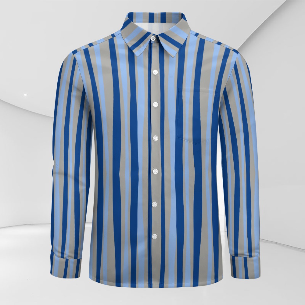 TABOO TIDE Men's Blue Vertical Stripe Print Shirt Long Sleeves Button Front Collar One Pocket Casual Smart Dress Shirt All Sizes