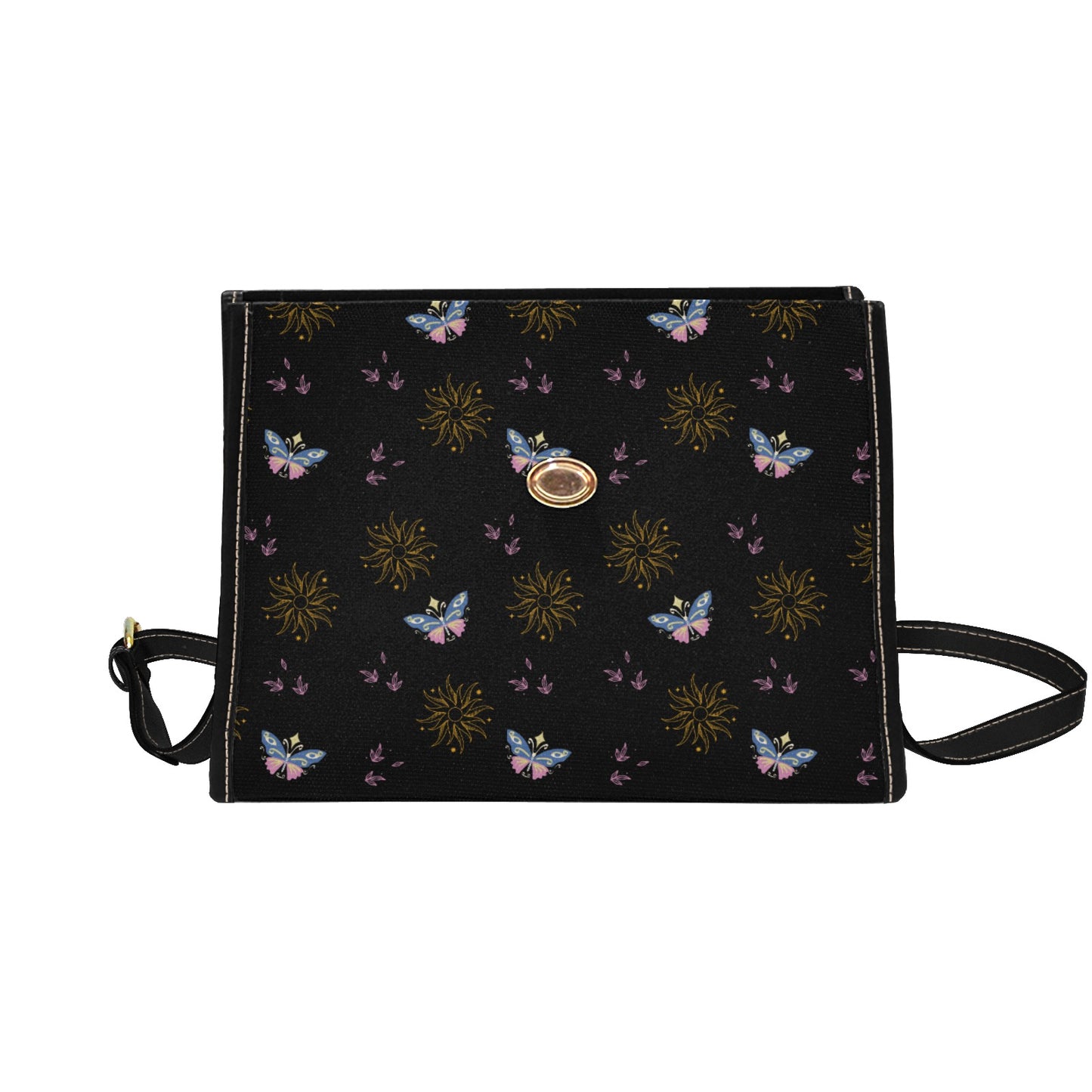 Women's Butterfly Sun Print Black Handbag With Shoulder Strap