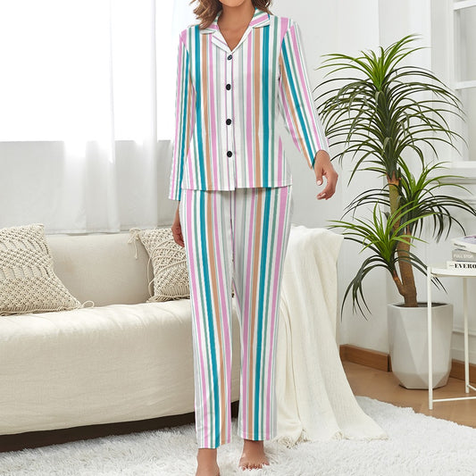 Women's Striped Print Pyjamas 2pc Set Long Sleeve Button Front Top and Full Length Trouser Bottoms Casual Fashion Loungewear Sleepwear