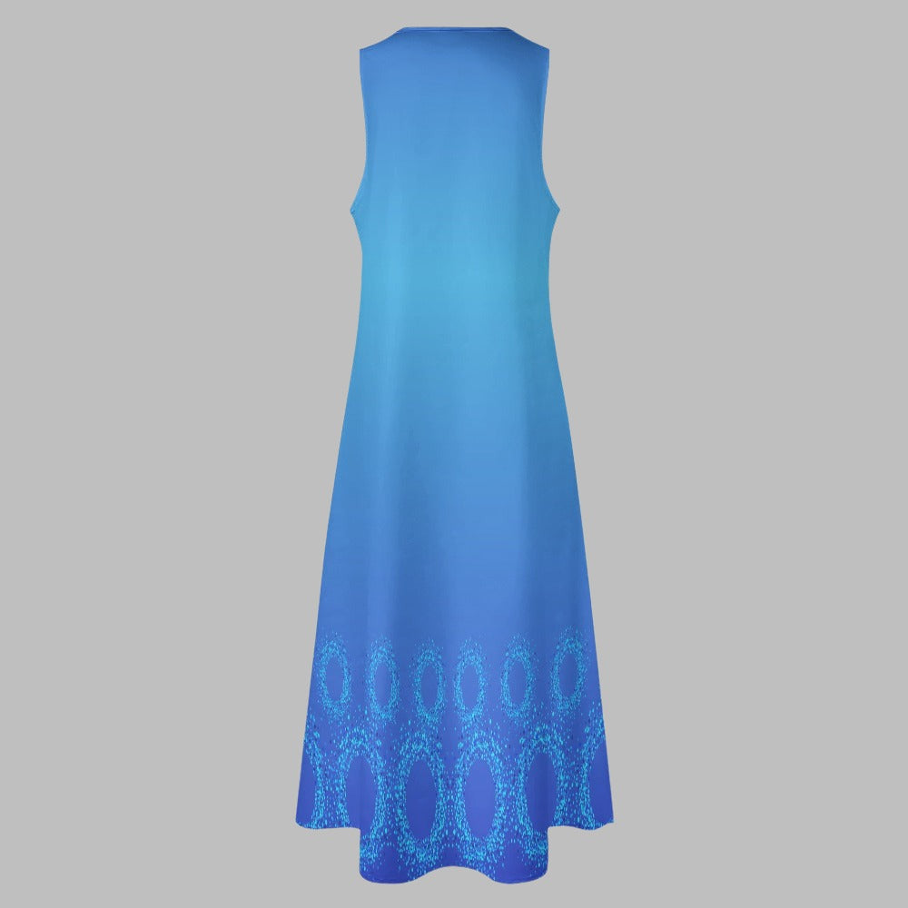 Women's Marine Blue Circle Print Sleeveless Pockets Long Length Maxi Dress Comfortable Casual Elegant Fashion