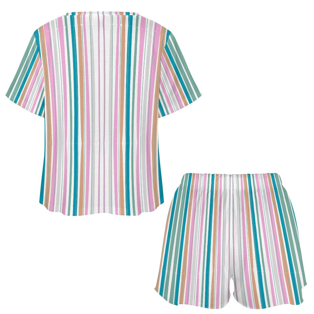 Plus Size Women's Striped Print 2pc Pyjamas Set Short Sleeve Top T-shirt and Drawstring Elastic Waist Shorts Bottoms Casual Loungewear Sleepwear