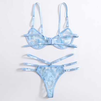 Women's Floral Embroidered Sheer Lingerie Set Sky Blue