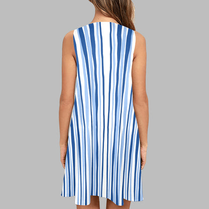 Women's Blue Stripe Sleeveless A-Line Dress with Pockets