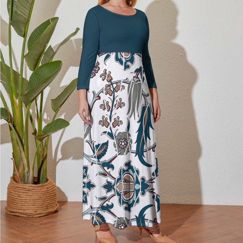 Plus Size Women's Floral Print Loose Crew Neck Long Sleeve Ankle Length Maxi Casual Fabric Fashion Dress with Pockets - White and Teal