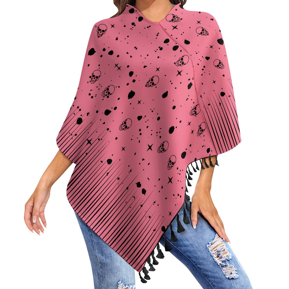 Women's Skull Print Cape With Fringed Edge One Size Pullover Outwear Fashion Halloween Season Must Have!