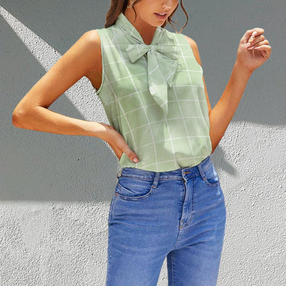 Women's Sleeveless Blouse Top with Tie Bow Collar Casual Summer Fashion Ladies T-shirt Mint Green