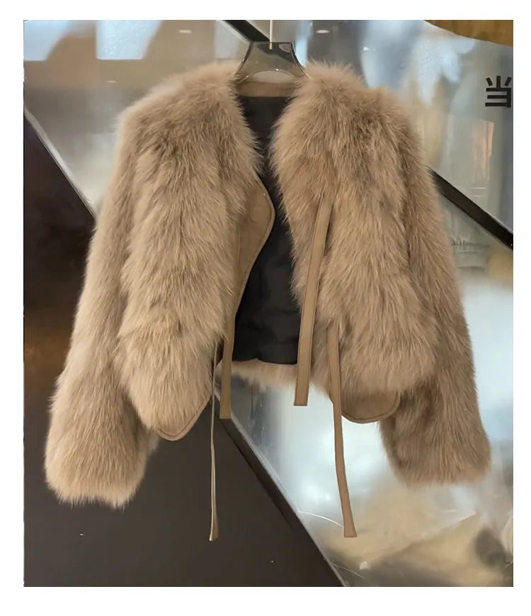 Women's Faux Leather Imitation Fox Fur Coat Warm Thick Jacket