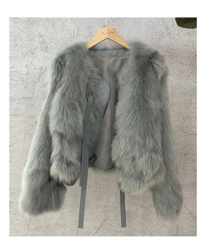 Women's Faux Leather Imitation Fox Fur Coat Warm Thick Jacket