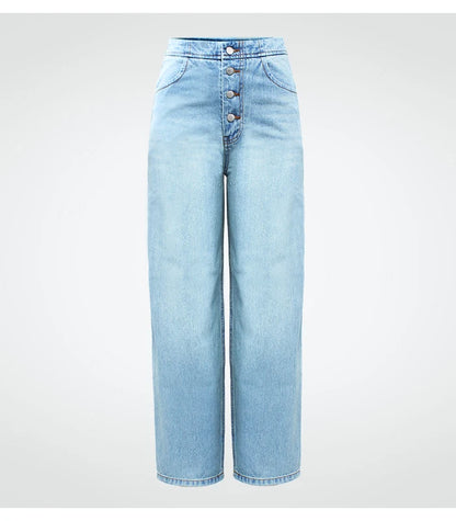 Women's Denim Jeans High Waist Wide Leg With Pockets Button Fly Straight Trousers Casual Fashion