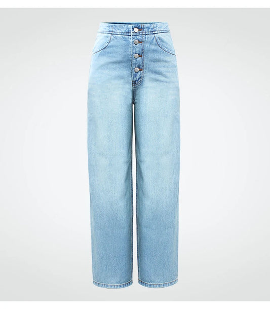 Women's Denim Jeans High Waist Wide Leg With Pockets Button Fly Straight Trousers Casual Fashion