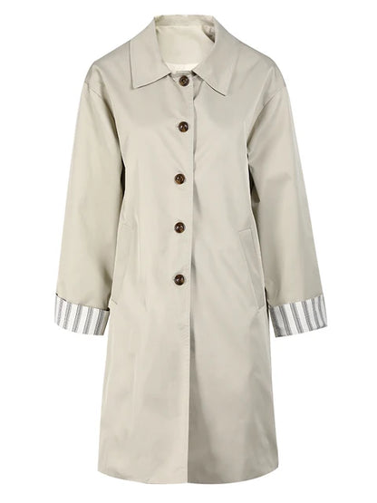 Women's Beige Trench Coat with Striped Cuff Detail