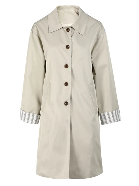 Women's Beige Trench Coat with Striped Cuff Detail