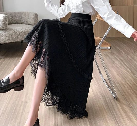 Women's Pleated Lace Edge A Line Midi Length Flare Skirt