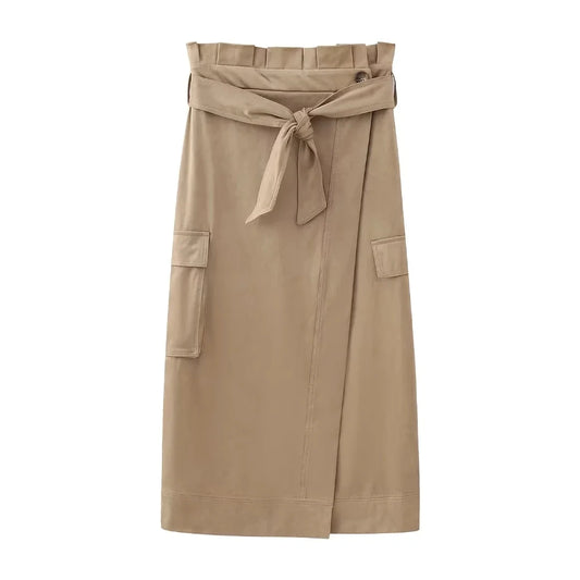 Women's Faux Suede High Waist Tied Wrap Midi Skirt